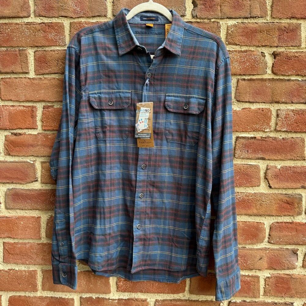 Tailor Vintage $98 Plaid Luxe Performance Airotec Flannel Shirt Blue XL NEW
